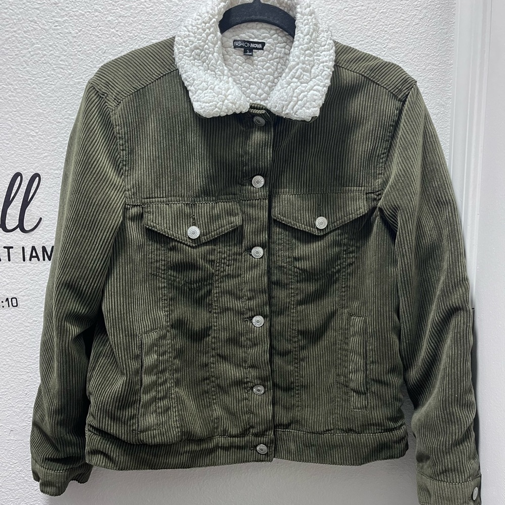 Fashion Nova Olive Corduroy Jacket with White Sherpa Collar